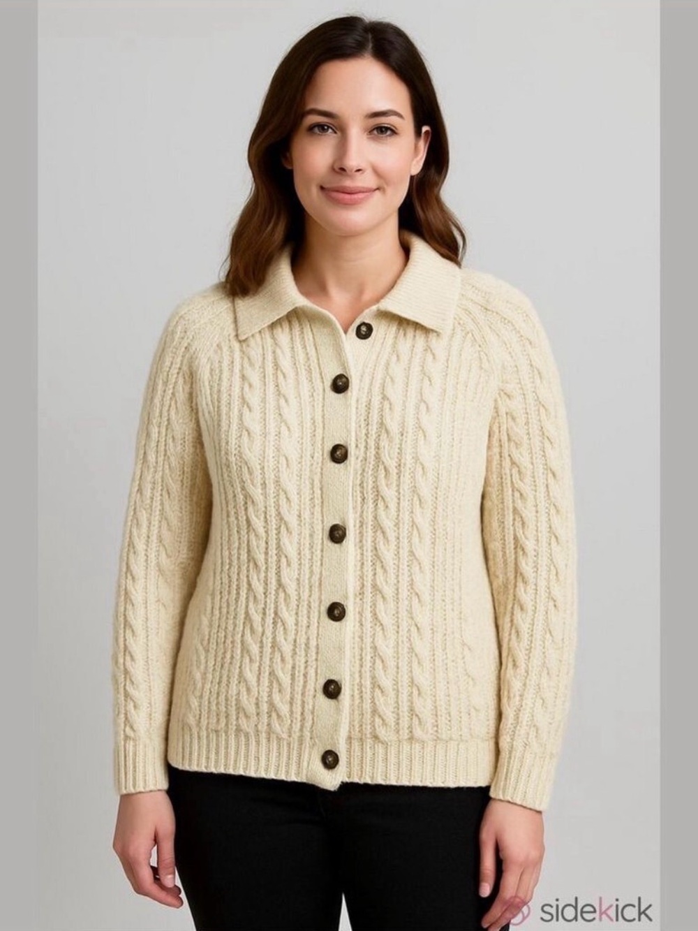 Cream cable fisherman cardigan Large womens handknit neutral Classic